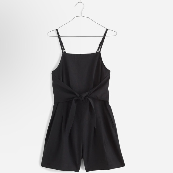Madewell Tie-Waist Romper Black Pockets Size 2 Linen square neckline NEW NQ635 - Picture 1 of 13